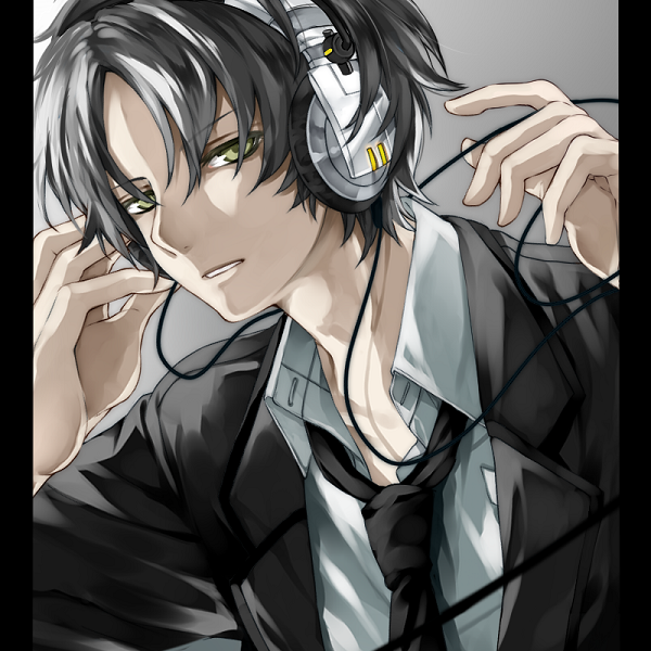 1boy androgynous black_hair expressionless formal headphones koubou letterboxed looking_at_viewer necktie original short_hair suit yellow_eyes