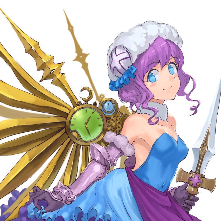 1girl bare_shoulders black_gloves blue_eyes blush breasts cleavage clock collarbone covered_navel dagger dress frills gloves hat holding jyon mechanical_wings pink_hair puzzle_&amp;_dragons short_hair simple_background skuld_(p&amp;d) solo strapless_dress vambraces weapon white_background wings