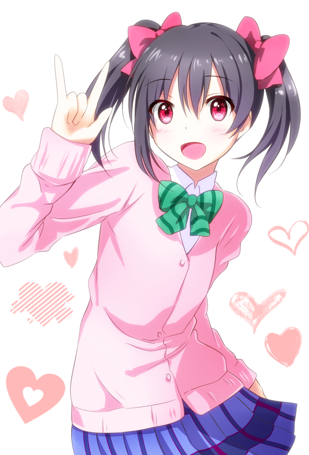 1girl \m/ black_hair blush bow hair_bow heart looking_at_viewer love_live!_school_idol_project open_mouth red_eyes school_uniform short_twintails skirt solo sweater twintails yazawa_nico yuki_(sangeki5806)