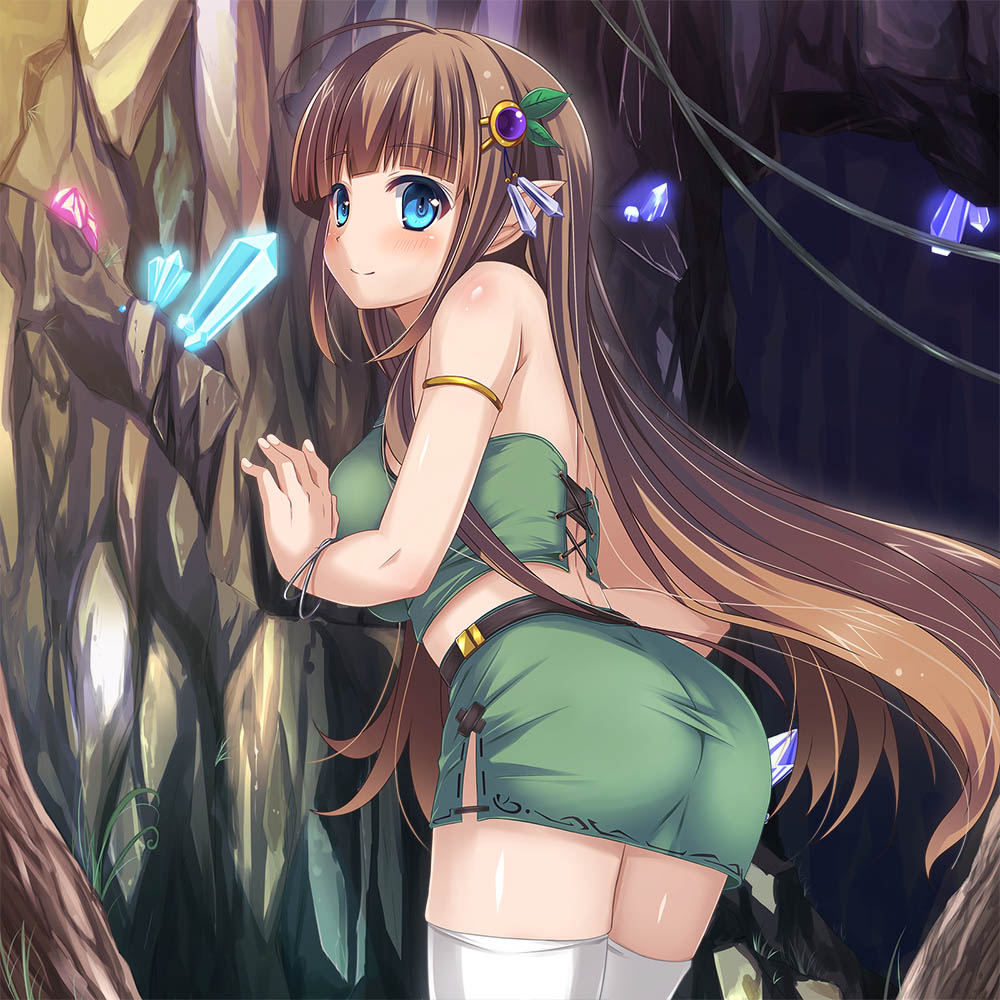 1girl ass blue_eyes blush bracelet breasts brown_hair flower hair_flower hair_ornament himedatsu!_dungeons_lord jewelry kazumasa long_hair looking_at_viewer looking_back midriff official_art original pointy_ears skirt solo thigh-highs very_long_hair white_legwear