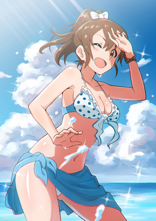 1girl bikini blue_eyes bracelet breasts brown_hair cleavage clouds front-tie_bikini front-tie_top idolmaster idolmaster_million_live! jewelry light_rays navel official_style one_eye_closed open_mouth polka_dot polka_dot_bikini polka_dot_swimsuit red10 sarong satake_minako short_ponytail sky solo sunbeam sunlight swimsuit water