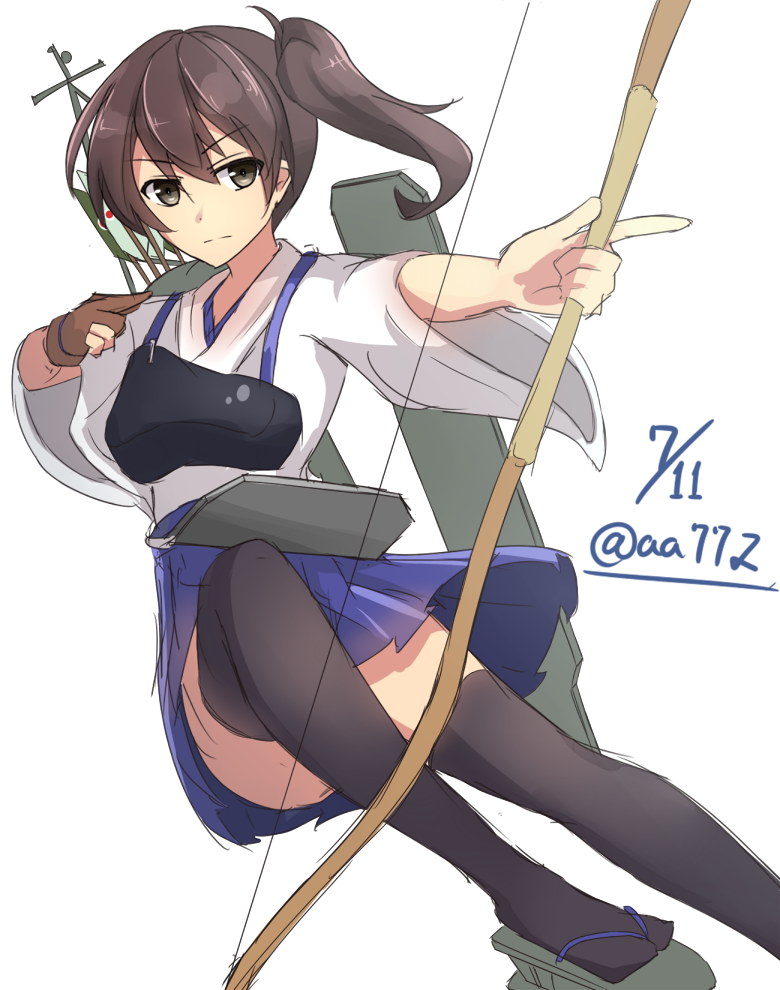 archer blue_eyes bow_and_arrow brown_hair kaga_(kantai_collection) kantai_collection long_hair miko personification ponytail