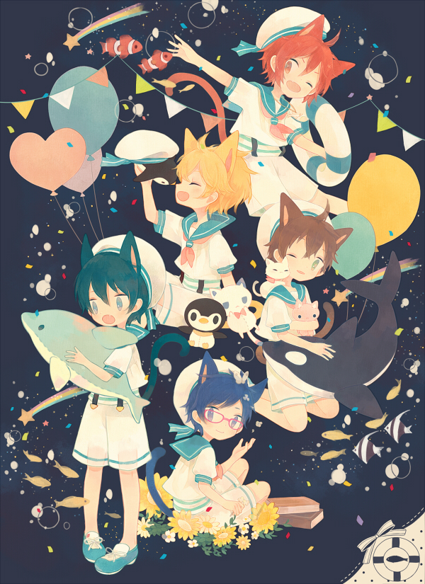 5boys ;d animal_ears balloon bird butterfly cat cat_ears cat_tail child clownfish dolphin fang flower free! glasses hat hazuki_nagisa kemonomimi_mode male matsuoka_rin mero_(jiantumelody) multiple_boys nanase_haruka_(free!) one_eye_closed open_mouth orca penguin ryuugazaki_rei sailor sailor_hat shooting_star shorts smile tachibana_makoto tail younger