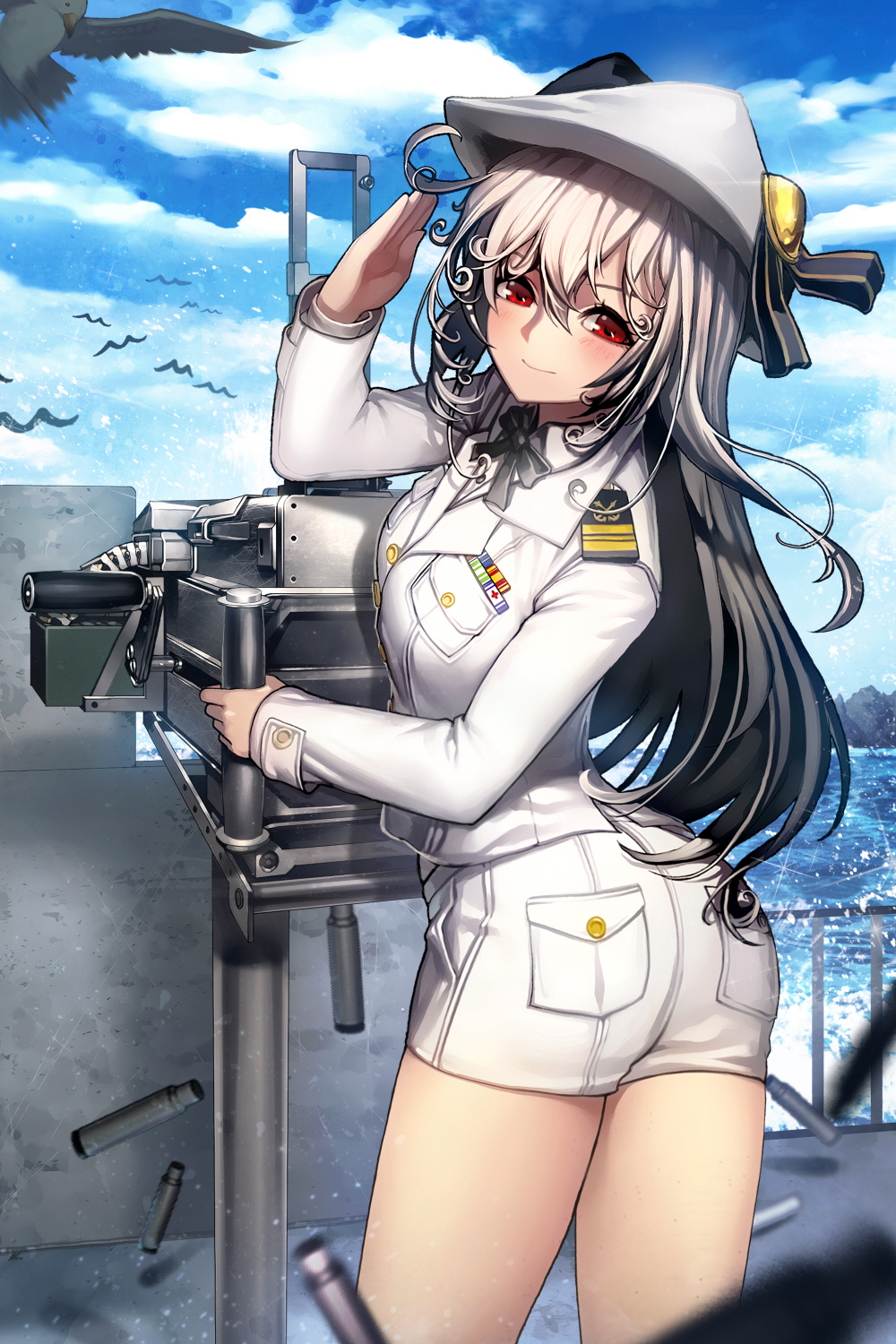 1girl ass bird black_hair casing_ejection gradient_hair gun hat highres long_hair looking_at_viewer looking_back machine_gun military military_uniform multicolored_hair original red_eyes rheez salute seagull shell_casing shorts silver_hair smile solo two-tone_hair uniform weapon