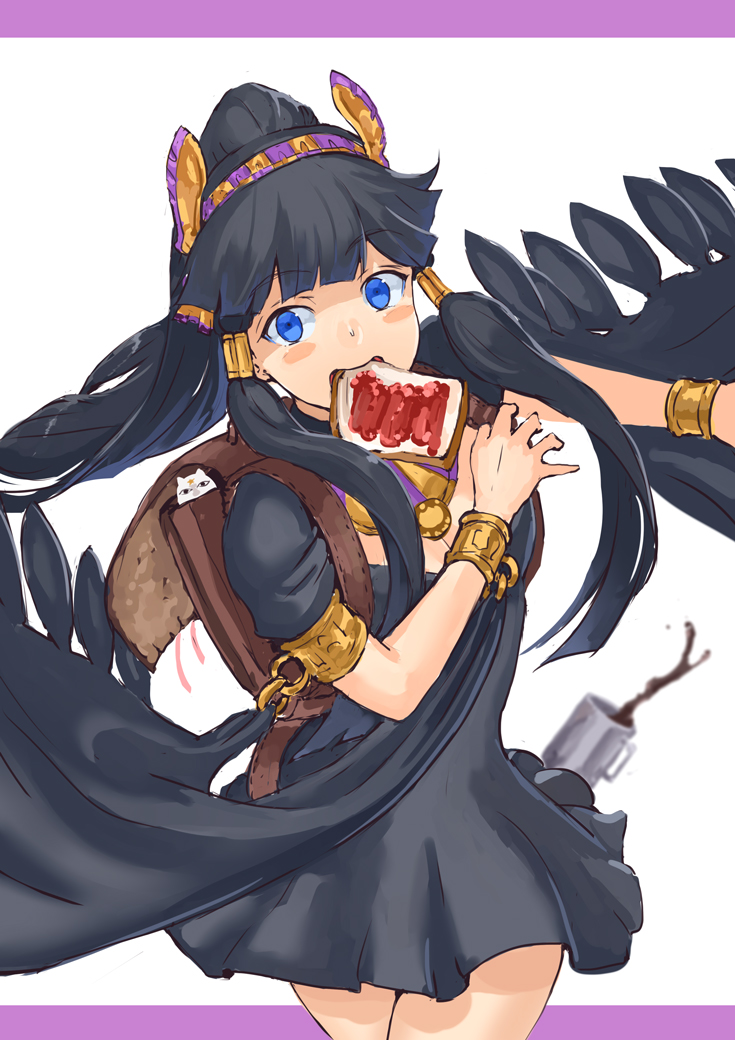 1girl backpack bag black_dress black_hair blue_eyes blush breasts cleavage coffee cup dress egyptian food_in_mouth hair_tubes hairband jelly jewelry jyon long_hair mouth_hold mug necklace nephthys_(p&amp;d) open_mouth ponytail puffy_short_sleeves puffy_sleeves puzzle_&amp;_dragons short_sleeves smile solo star tamadra toast toast_in_mouth when_you_see_it