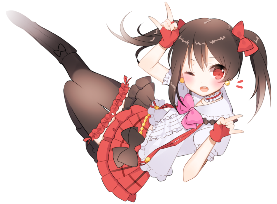 1girl black_hair black_legwear blush boots bow choker fingerless_gloves gloves hair_bow love_live!_school_idol_project one_eye_closed open_mouth red_eyes red_gloves simple_background solo thigh-highs twintails uttao white_background yazawa_nico