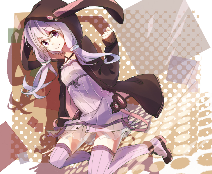 1girl animal_hood clenched_hand hair_ornament hair_tubes hood looking_at_viewer low_twintails na2co3 purple_legwear ribbed_sweater short_hair_with_long_locks smile solo sweater thigh-highs twintails violet_eyes vocaloid yuzuki_yukari zettai_ryouiki