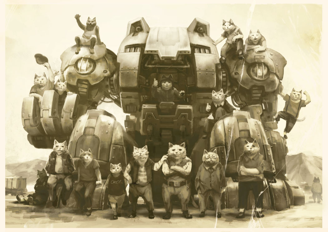 6+boys animal_hat cat coca-cola glasses hand_on_shoulder hat helmet higashi leather_jacket looking_at_viewer mecha monochrome mountain multiple_boys original photo_(object) pose science_fiction suspenders tank_top thumbs_up waving