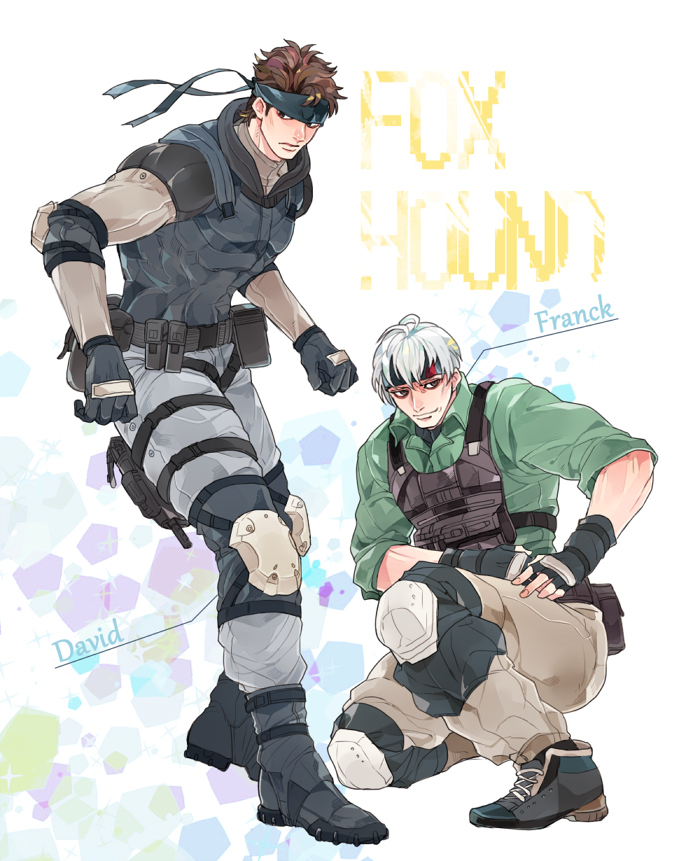 2boys bandana brown_hair frank_jaeger grey_hair metal_gear_(series) metal_gear_2 metal_gear_solid multiple_boys oreha00701 sneaking_suit solid_snake