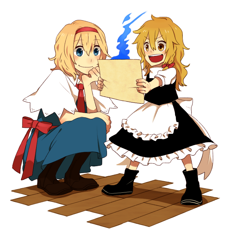 2girls age_difference alice_margatroid apron artist_request blonde_hair blue_eyes boots bow braid brown_eyes capelet hair_bow hat hat_removed head_rest headwear_removed kirisame_marisa long_hair multiple_girls open_mouth paper short_hair smile touhou white_background yellow_eyes younger