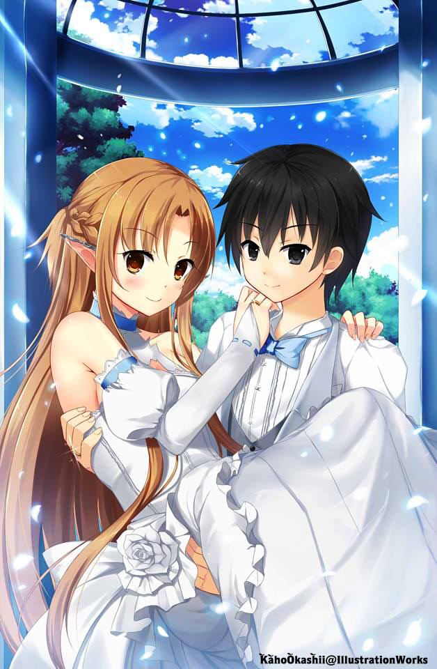 1boy 1girl asuna_(sao) black_eyes black_hair bridal_gauntlets brown_eyes brown_hair carrying couple dress ear_covers kaho_okashii kirito long_hair pointy_ears princess_carry short_hair sword_art_online titania_(sao) tuxedo wedding_dress yuuki_asuna