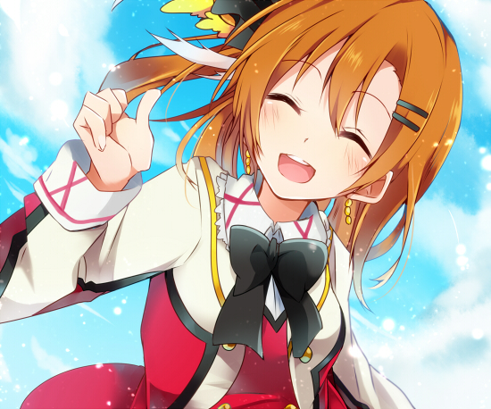 1girl :d ^_^ blush bowtie brown_hair closed_eyes earrings hair_ornament hairclip happy jacket jewelry kousaka_honoka long_sleeves love_live!_school_idol_project open_mouth revision side_ponytail smile solo sxupxdxxy