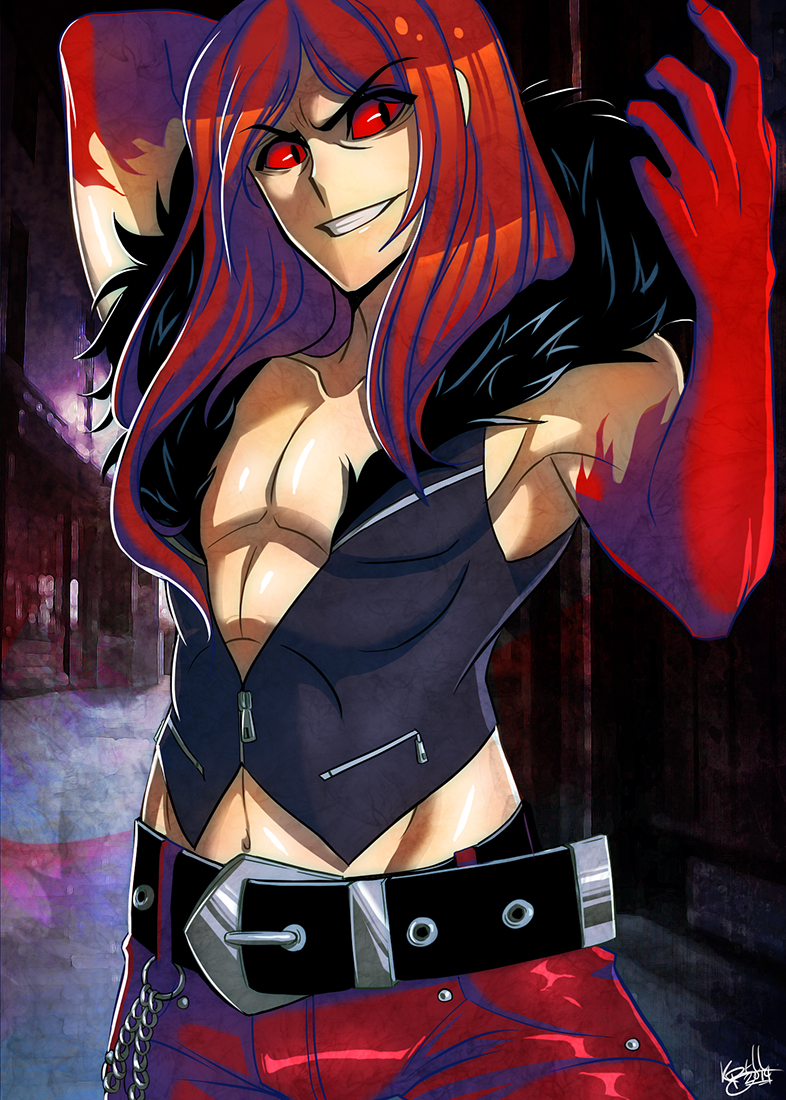 1boy abs belt carmine fur_collar grin leafmonarch long_hair muscle red_sclera redhead sleeveless slit_pupils smile solo under_night_in-birth vest