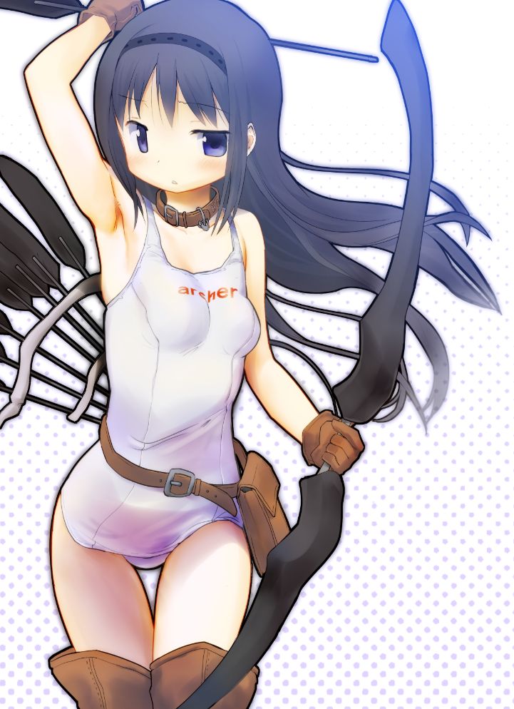 1girl akemi_homura alternate_costume anshinmama arm_up armpits arrow belt_pouch black_hair blue_eyes boots bow_(weapon) brown_gloves collar gloves hairband long_hair mahou_shoujo_madoka_magica school_swimsuit solo swimsuit thigh-highs thigh_boots weapon white_school_swimsuit white_swimsuit