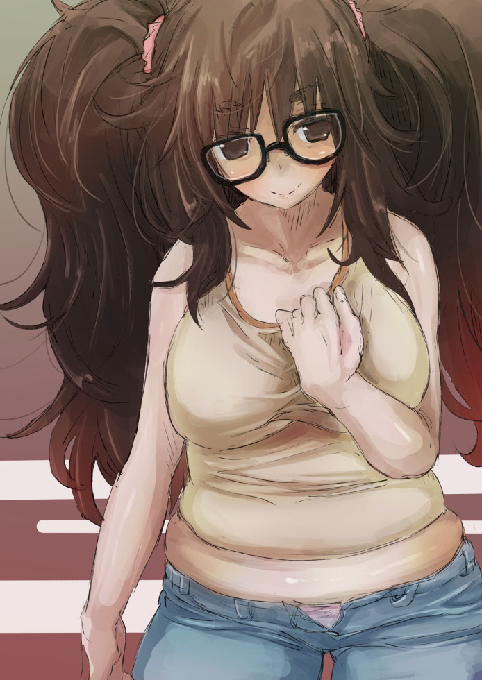 1girl alternate_hairstyle bare_shoulders black-framed_glasses brown_eyes brown_hair denim fate/extra_ccc fate_(series) jeans jinako_carigiri long_hair looking_at_viewer panties panty_peek pink_panties plump smile solo twintails underwear unzipped yohane