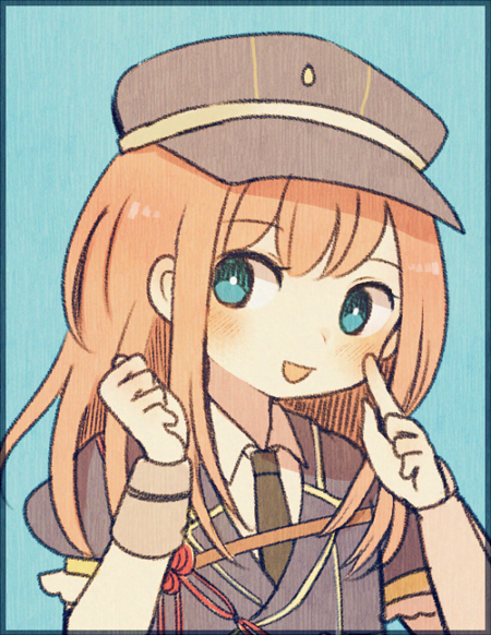 1boy androgynous ayu_(mog) blue_background blush bust hat long_hair male_focus midare_toushirou military military_uniform necktie open_mouth orange_hair peaked_cap solo touken_ranbu uniform