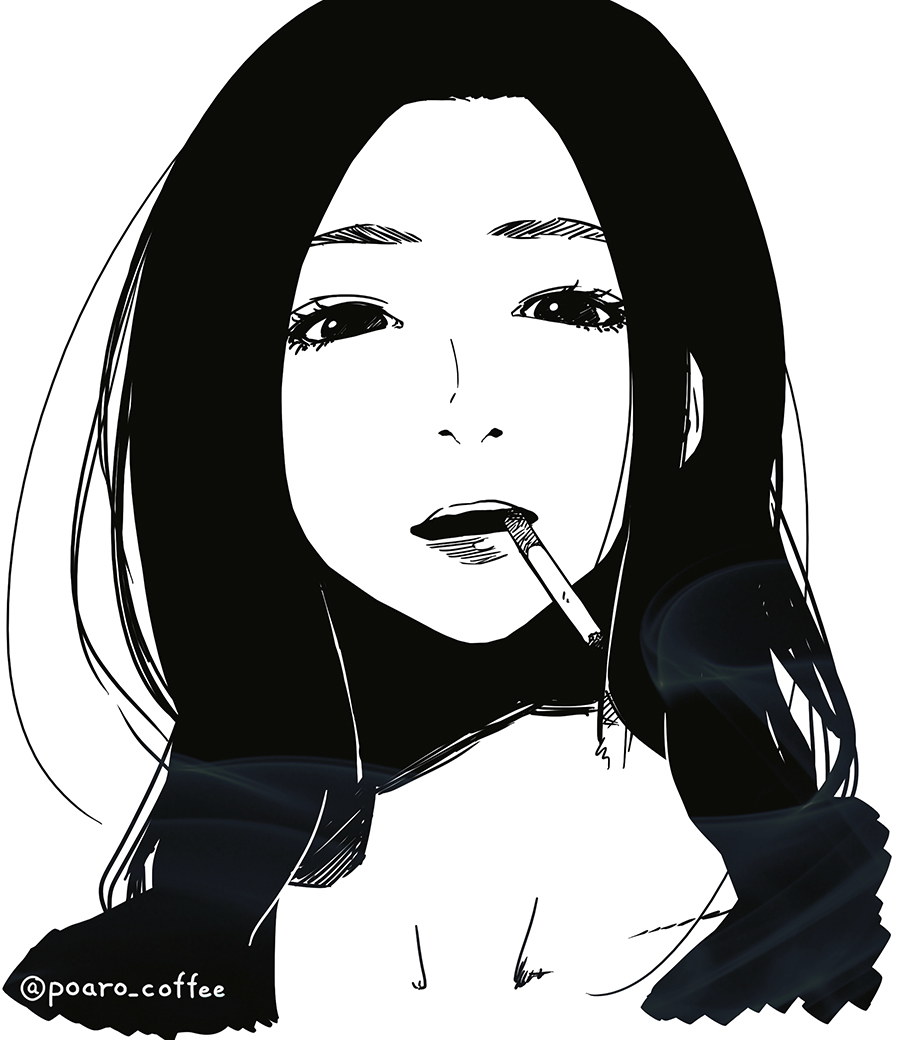 1girl black_hair bust cigarette face long_hair looking_at_viewer monochrome mouth_hold open_mouth original poaro simple_background smoke smoking solo twitter_username white_background