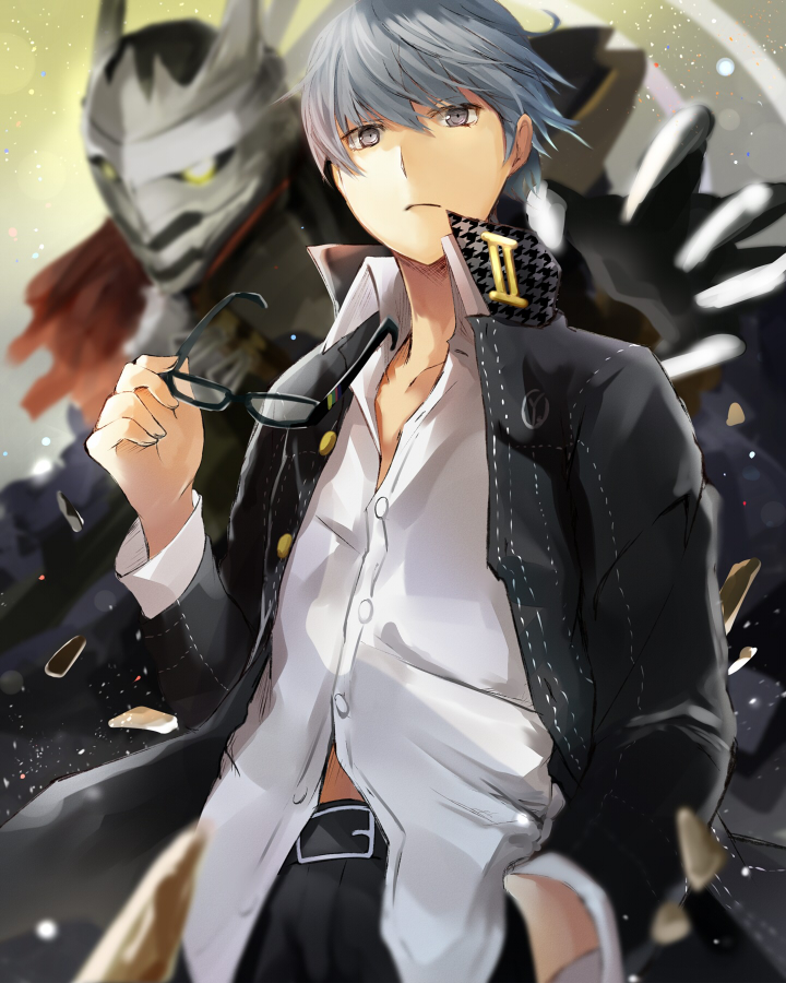 1boy black-framed_glasses blurry depth_of_field efe glasses glasses_removed grey_eyes grey_hair hand_in_pocket houndstooth izanagi jacket looking_at_viewer narukami_yuu open_clothes open_jacket persona persona_4 school_uniform short_hair