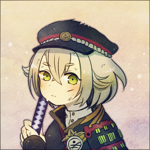 1boy ayu_(mog) bust face green_eyes hat hotarumaru katana looking_at_viewer lowres male_focus short_hair sode solo sword touken_ranbu weapon