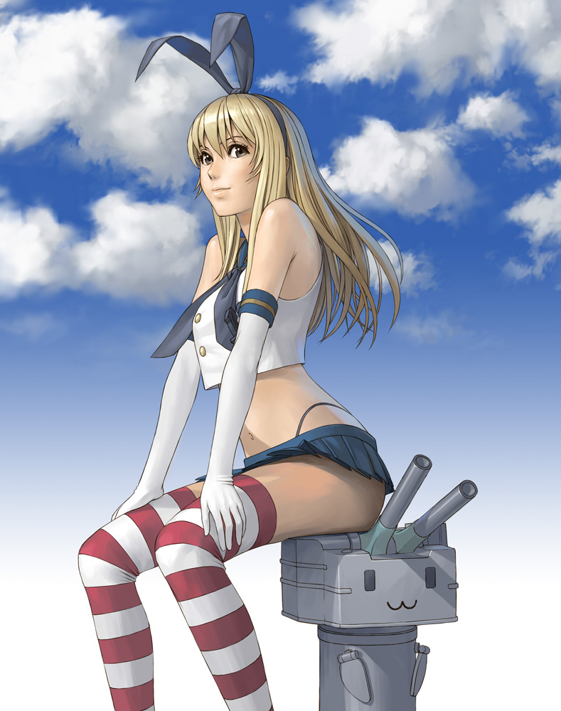 1girl :3 animal_ears bare_shoulders black_panties blonde_hair blue_sky cannon clouds crop_top elbow_gloves fake_animal_ears gloves grey_eyes hair_ribbon kantai_collection looking_at_viewer midriff miniskirt navel neckerchief panties rabbit_ears rensouhou-chan ribbon school_uniform serafuku shimakaze_(kantai_collection) sitting sitting_on_object skirt sky sleeveless sleeveless_shirt string_panties striped striped_legwear thigh-highs underwear watanabe_yasuaki white_gloves zettai_ryouiki