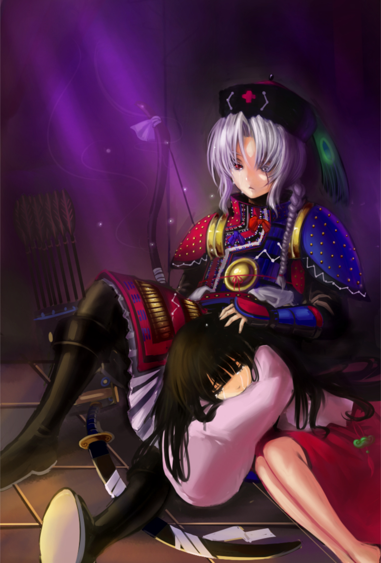 2girls alternate_costume armor arrow bare_legs barefoot black_legwear boots bow_(weapon) braid brown_hair chinese_hat closed_eyes crying crying_with_eyes_open facing_away fetal_position frown grey_eyes hand_on_another's_head heterochromia houraisan_kaguya knee_boots knee_up koissa light_particles lying_on_person moonbeam moonlight multiple_girls pantyhose red_eyes scar scimitar short_hair silver_hair single_braid sitting streaming_tears sword tears tile_floor tiles touhou weapon yagokoro_eirin