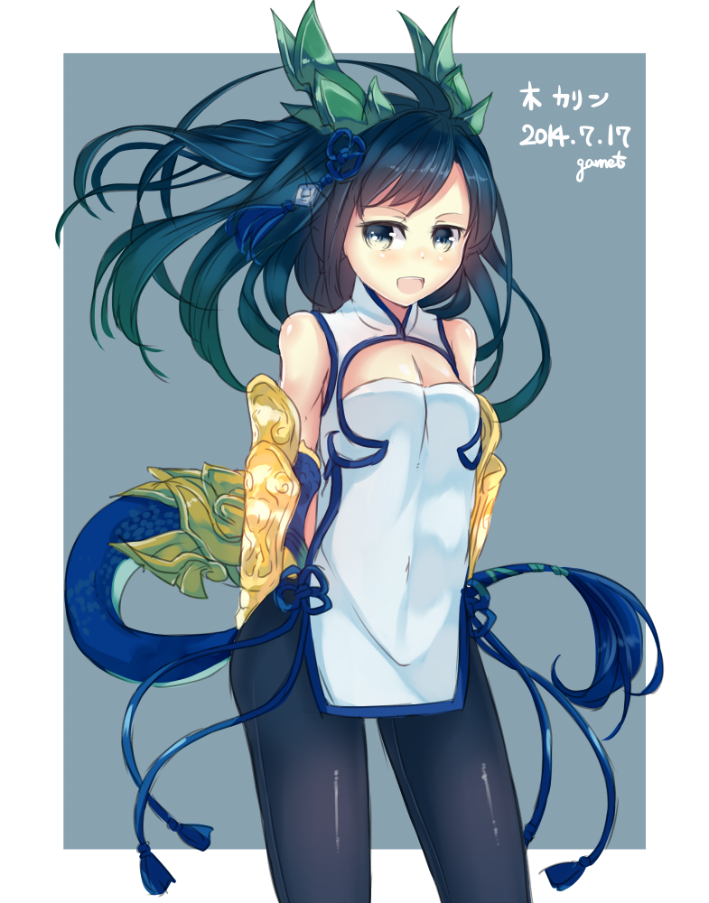 1girl arms_behind_back black_hair black_legwear blue_eyes breasts china_dress chinese_clothes dragon_girl dragon_horns dragon_tail dress garnet gloves head_fins horns karin_(p&amp;d) long_hair open_mouth pantyhose puzzle_&amp;_dragons smile solo tail