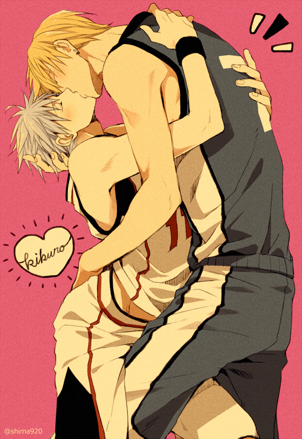 2boys adam's_apple arched_back artist_name basketball_uniform blonde_hair blue_hair blush closed_eyes clothes_writing couple earrings heart height_difference hip_lines jewelry kise_ryouta kiss kuroko_no_basuke kuroko_tetsuya male mashima_shima multiple_boys pink_background short_hair sleeveless sportswear standing straddling thigh_straddling upright_straddle wristband yaoi