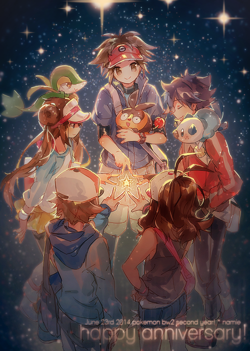 2girls 3boys anniversary bag baseball_cap black_hair black_legwear blue_eyes brown_eyes brown_hair double_bun fingerless_gloves gloves hand_in_pocket hat hue_(pokemon) jacket kyouhei_(pokemon) long_hair mei_(pokemon) multiple_boys multiple_girls namie-kun oshawott pantyhose pokemon pokemon_(creature) pokemon_(game) pokemon_bw pokemon_bw2 ponytail raglan_sleeves short_hair shorts shoulder_bag smile snivy spiky_hair star tepig touko_(pokemon) touya_(pokemon) twintails v visor_cap