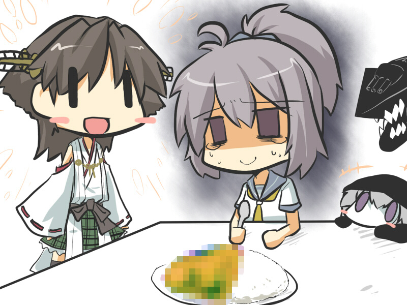 0_0 2girls ahoge aoba_(kantai_collection) blush_stickers brown_hair censored censored_food chibi commentary curry curry_rice detached_sleeves empty_eyes food gomasamune gradient gradient_background hair_ornament hairband hiei_(kantai_collection) hood kantai_collection multiple_girls nervous nontraditional_miko open_mouth plate ponytail purple_hair re-class_battleship revision school_uniform serafuku shinkaisei-kan short_hair silver_hair simple_background smile spoon sweat tagme tears violet_eyes wavy_mouth |_|