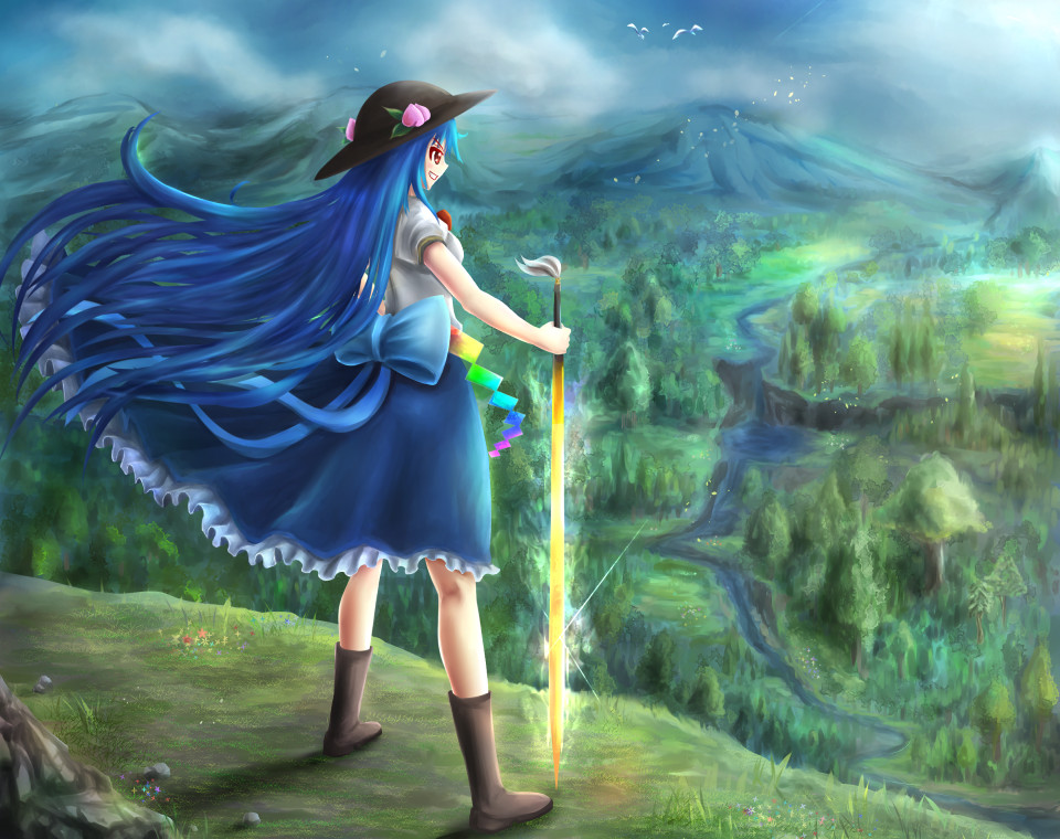 1girl bird blue_hair boots bow cliff clouds cloudy_sky facing_away food forest fruit full_body glint grass grin hat hinanawi_tenshi leaf legs_apart long_hair mountain nature peach red_eyes river satoji_(ochanomkmskry) scenery short_sleeves skirt sky smile solo standing sword_of_hisou tassel touhou very_long_hair water waterfall wind