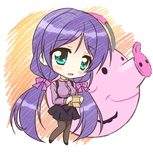 1girl breasts chibi endori green_eyes jewelry long_hair love_live!_school_idol_project lowres necklace open_mouth pantyhose purple_hair smile solo teapot toujou_nozomi twintails