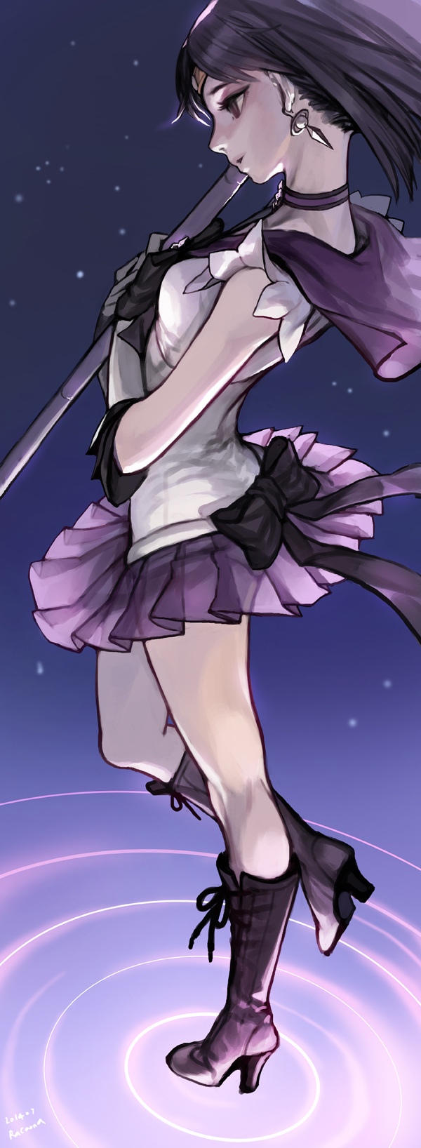 1girl bishoujo_senshi_sailor_moon black_hair blue_background boots bow choker cross-laced_footwear earrings elbow_gloves expressionless gloves highres jewelry knee_boots lace-up_boots magical_girl pleated_skirt profile purple_skirt racoona ribbon sailor_collar sailor_saturn short_hair skirt solo staff standing tomoe_hotaru violet_eyes white_gloves