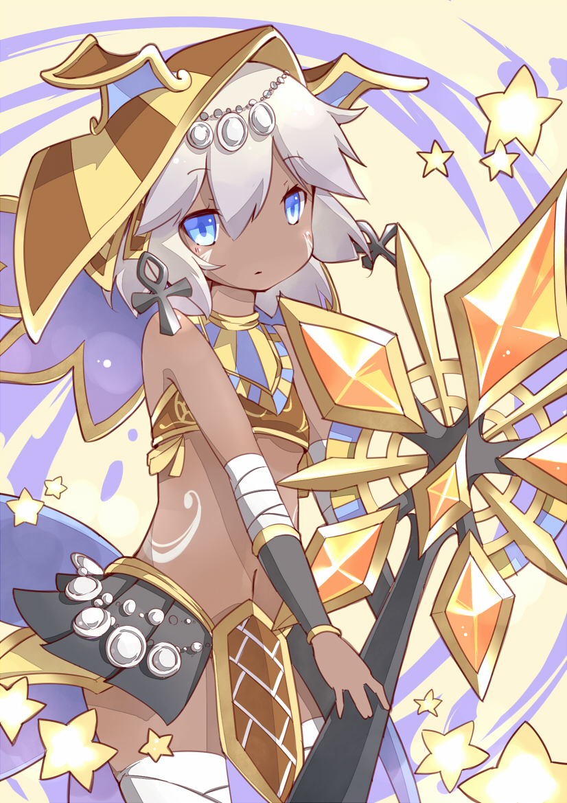 1girl ankh bare_shoulders blue_eyes dark_skin egyptian egyptian_clothes giwa headdress puzzle_&amp;_dragons silver_hair sopdet_(p&amp;d) staff star tattoo thigh-highs