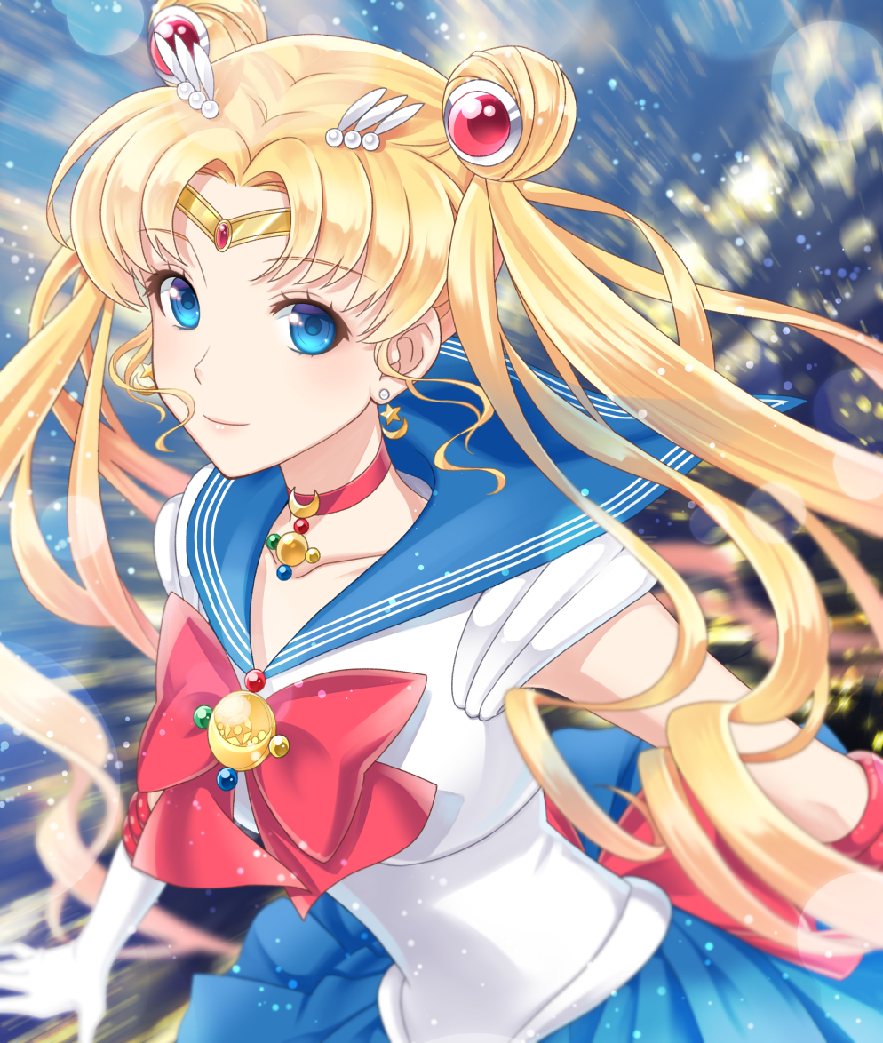 1girl asami_(undoundo) bishoujo_senshi_sailor_moon bishoujo_senshi_sailor_moon_crystal blonde_hair blue_eyes blue_skirt bow choker crescent_earrings double_bun earrings elbow_gloves gloves hair_ornament jewelry long_hair magical_girl sailor_collar sailor_moon skirt smile solo star star_earrings tsukino_usagi twintails