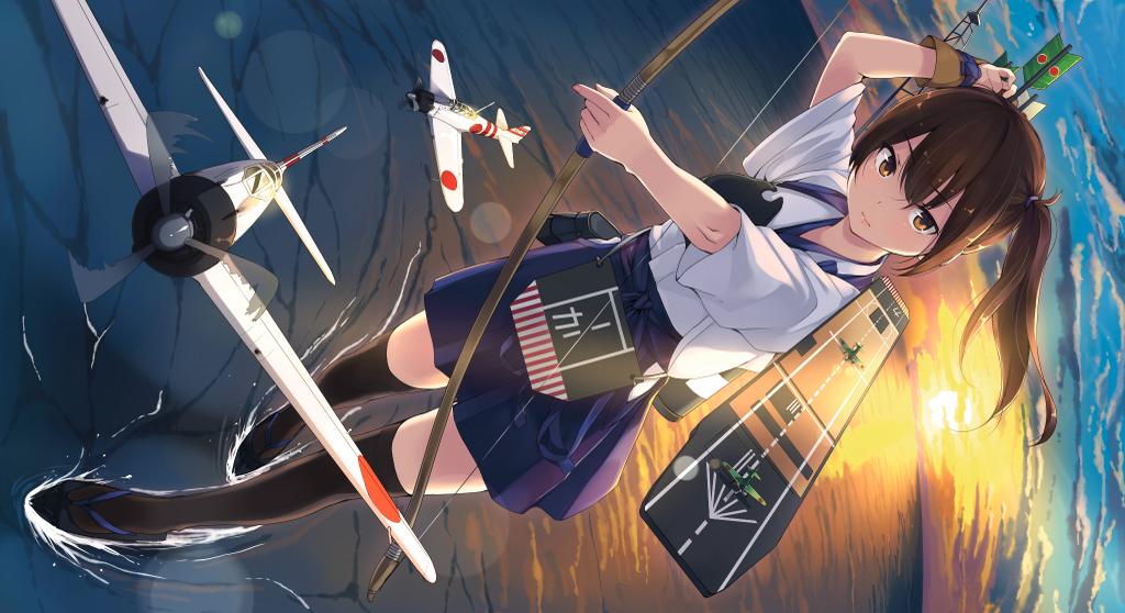 1girl airplane archery arrow black_legwear bow_(weapon) brown_eyes brown_hair clog_sandals clouds flight_deck japanese_clothes kaga_(kantai_collection) kantai_collection kyuudou muneate ocean short_hair side_ponytail sideways skirt sky solo standing_on_water sun tasuki thigh-highs unasaka_ryou weapon