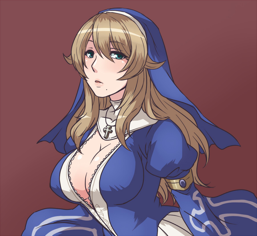 1girl armband blonde_hair blue_eyes breasts brown_background bust cleavage cross habit large_breasts long_hair looking_at_viewer mole open_mouth queen's_blade_rebellion sigui_(queen's_blade) solo teru_suzu