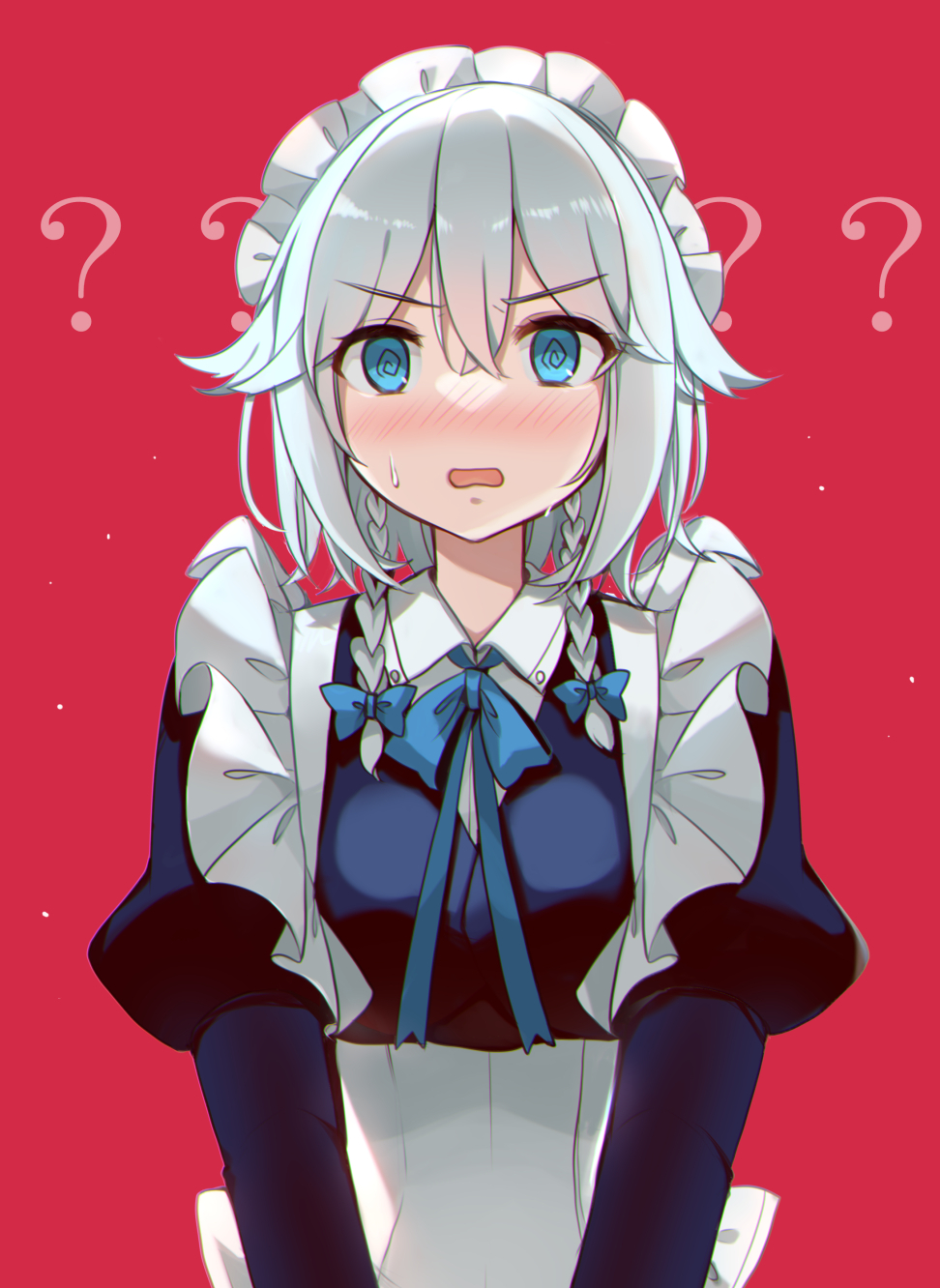 1girl ? @_@ apron back_bow bangs blue_bow blue_bowtie blue_dress blue_eyes blush bow bowtie braid breasts buttons collared_shirt confused dress grey_apron grey_hair grey_shirt hair_between_eyes hair_bow highres izayoi_sakuya juliet_sleeves kirero long_sleeves looking_away maid maid_headdress medium_breasts open_mouth puffy_sleeves red_background shirt short_hair simple_background solo standing sweat sweatdrop touhou twin_braids v-shaped_eyebrows white_bow