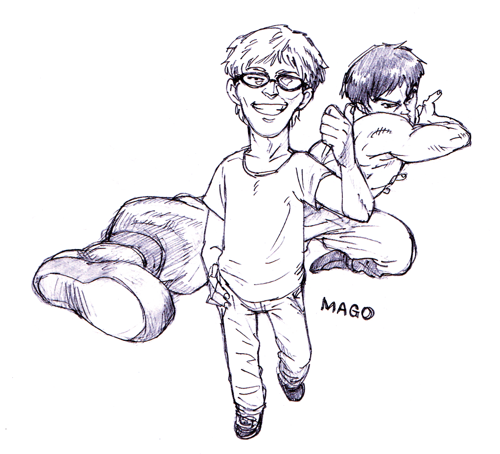 2boys character_name fei_long glasses kduhcs mago_(gamer) monochrome multiple_boys real_life shirtless street_fighter t-shirt traditional_media