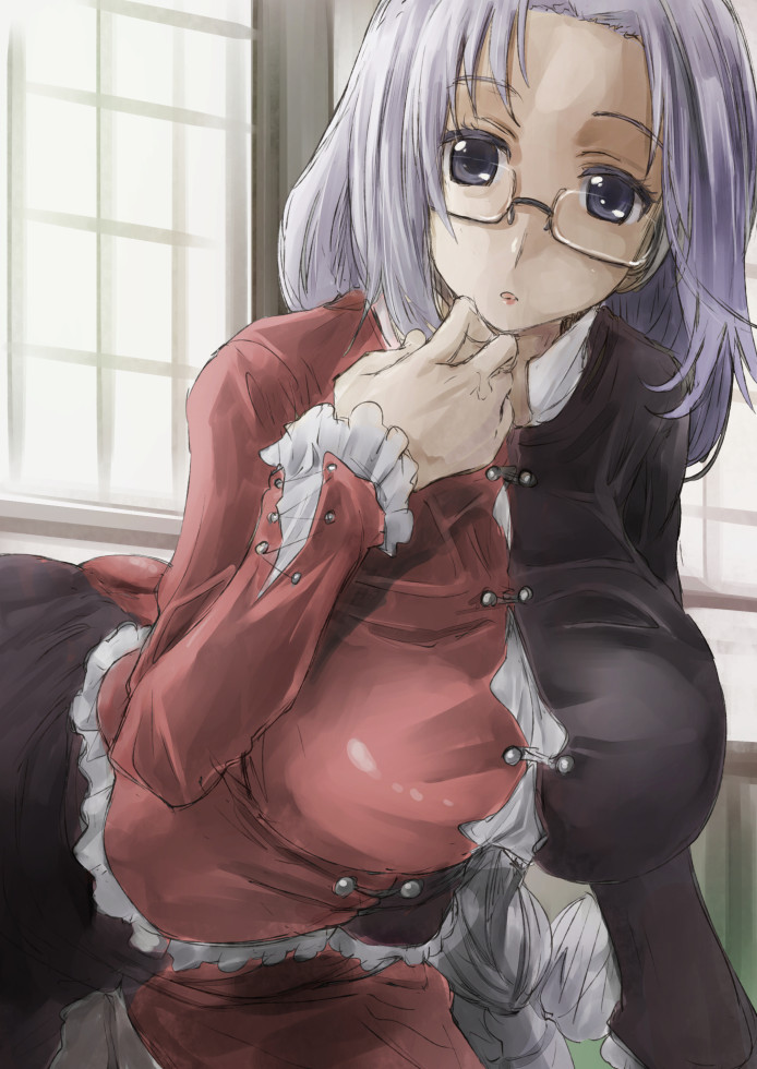 1girl adapted_costume bespectacled braid breasts colored_eyelashes forehead frilled_shirt frilled_sleeves frills glasses grey-framed_glasses hand_on_own_face indoors large_breasts leaning leaning_forward long_hair long_sleeves looking_at_viewer open_mouth pants parted_lips semi-rimless_glasses silver_hair single_braid solo touhou under-rim_glasses very_long_hair violet_eyes yagokoro_eirin yohane