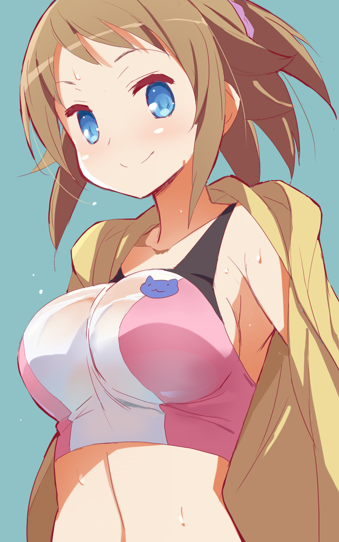 1girl 9law blue_background blue_eyes breasts brown_hair gundam gundam_build_fighters gundam_build_fighters_try hoshino_fumina jacket large_breasts looking_at_viewer midriff simple_background solo spandex sports_bra sweat
