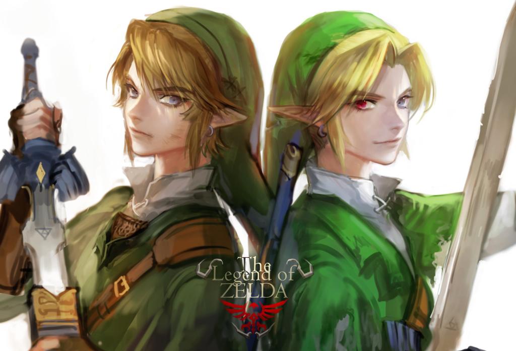 blonde_hair blue_eyes charcoalo dual_persona earrings gloves hat heterochromia jewelry link ocarina_of_time pointy_ears red_eyes smile sword the_legend_of_zelda torn_clothes twilight_princess weapon