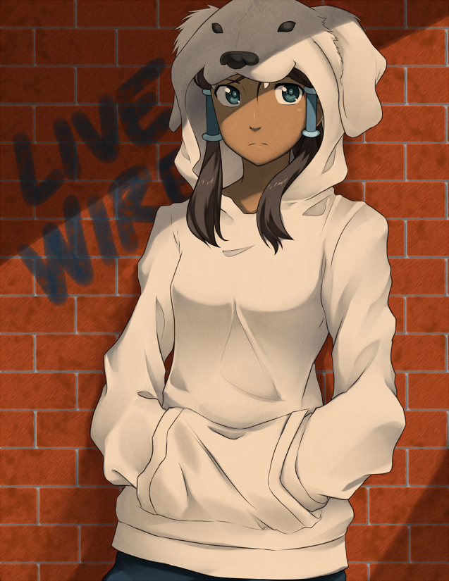 1girl against_wall animal_hood avatar:_the_last_airbender blue_eyes brick_wall brown_hair casual contemporary dark_skin hair_tubes hands_in_pockets hood hoodie korra legend_of_korra long_hair mirakuru_naito polar_bear_dog solo