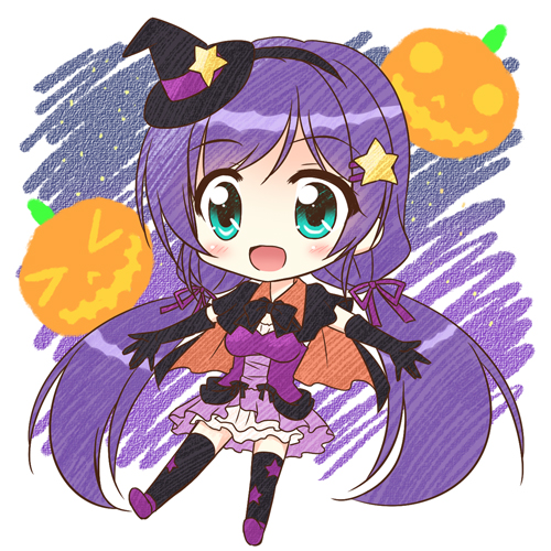 1girl chibi elbow_gloves endori gloves green_eyes halloween hat long_hair love_live!_school_idol_project lowres open_mouth pumpkin purple_hair smile solo star toujou_nozomi twintails witch_hat