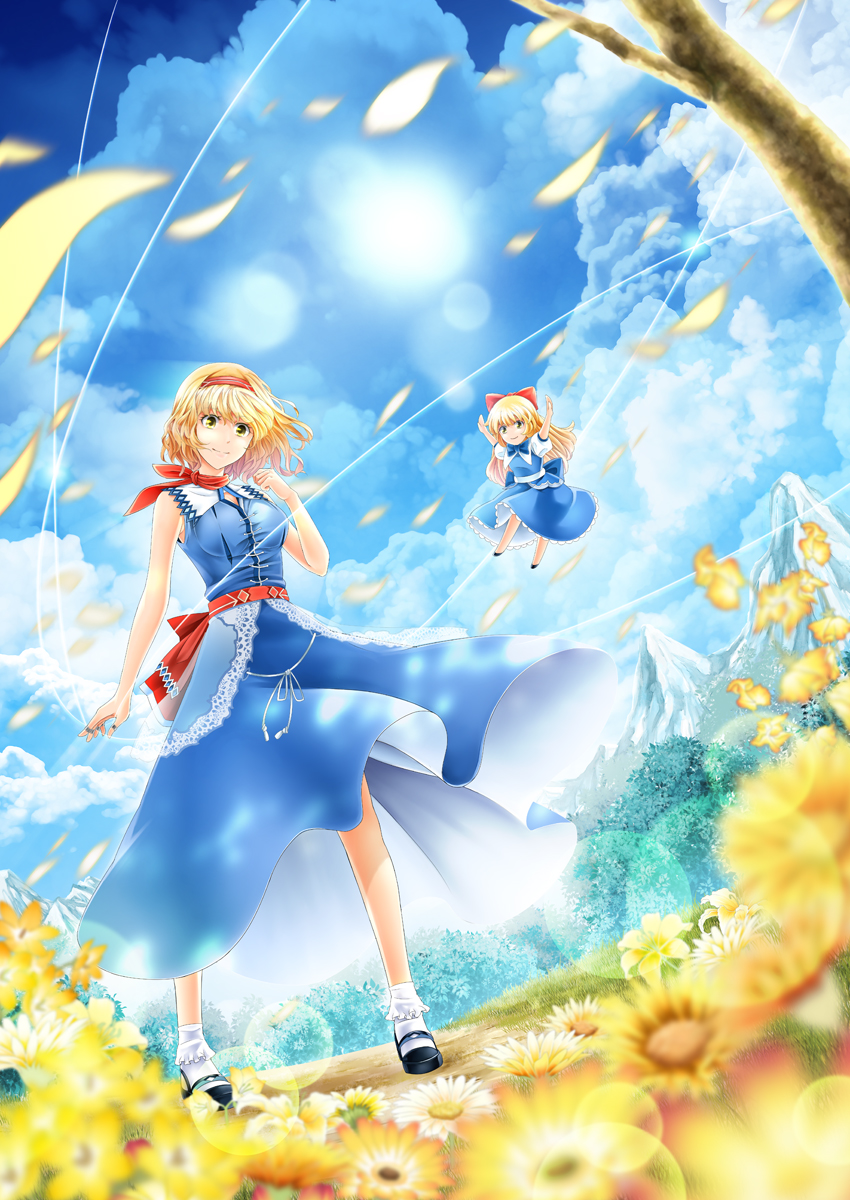 1girl alice_margatroid arkatopia arms_up blonde_hair blue_sky bobby_socks bow clouds cloudy_sky doll dress field flower flower_field from_below hair_bow hairband highres lens_flare long_hair looking_at_viewer mary_janes mountain neck_ribbon outdoors puffy_short_sleeves puffy_sleeves puppet_strings ribbon scenery shanghai_doll shoes short_hair short_sleeves skirt sky sleeveless sleeveless_dress smile socks solo standing sun touhou tree yellow_eyes