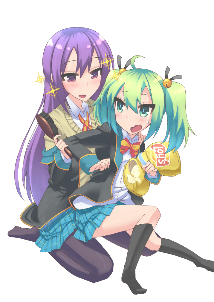 2girls ahoge aqua_eyes bangs bell black_legwear brand_name_imitation eye_contact full_body gj-bu green_hair hair_bell hair_between_eyes hair_brush hair_ornament hair_ribbon holding kannazuki_tamaki kneehighs long_hair looking_at_another multiple_girls pantyhose pleated_skirt potato_chips purple_hair ribbon s_ibane school_uniform seiza serafuku shiny shiny_hair short_hair simple_background sitting skirt sparkle sumeragi_shion sweatdrop sweater_vest twintails violet_eyes white_background