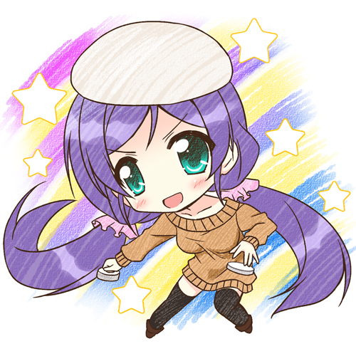 1girl air_hockey beret chibi endori green_eyes hat long_hair love_live!_school_idol_project lowres open_mouth purple_hair smile solo sweater thigh-highs toujou_nozomi