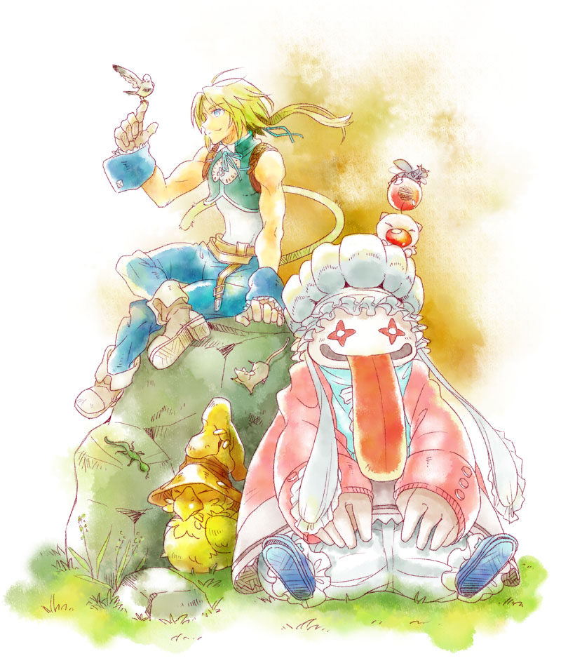 +_+ 1boy akibon belt bird bird_on_hand blonde_hair blue_pants boots chocobo creature final_fantasy final_fantasy_ix full_body gloves hat lizard moogle mouse pants ponytail quina_quen rock sitting sleeveless tail tongue zidane_tribal