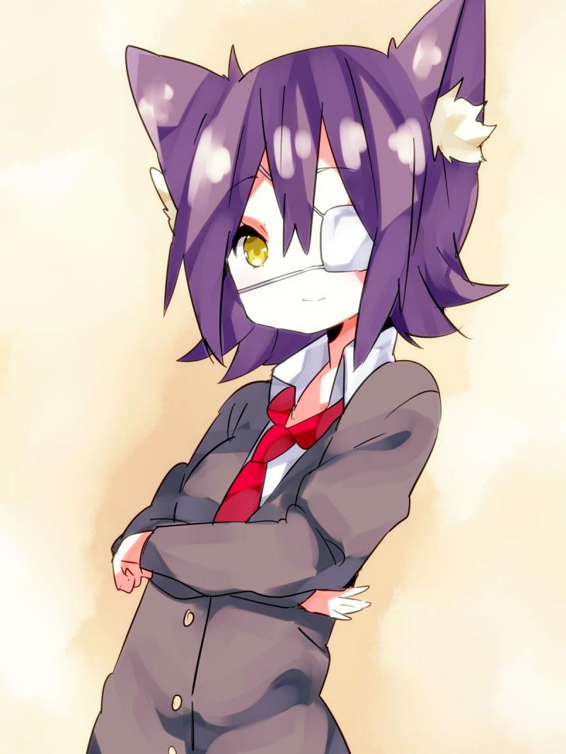 animal_ears cat_ears crossed_arms eyepatch kantai_collection kemonomimi_mode necktie purple_hair school_uniform smile tenryuu_(kantai_collection) yellow_eyes younger