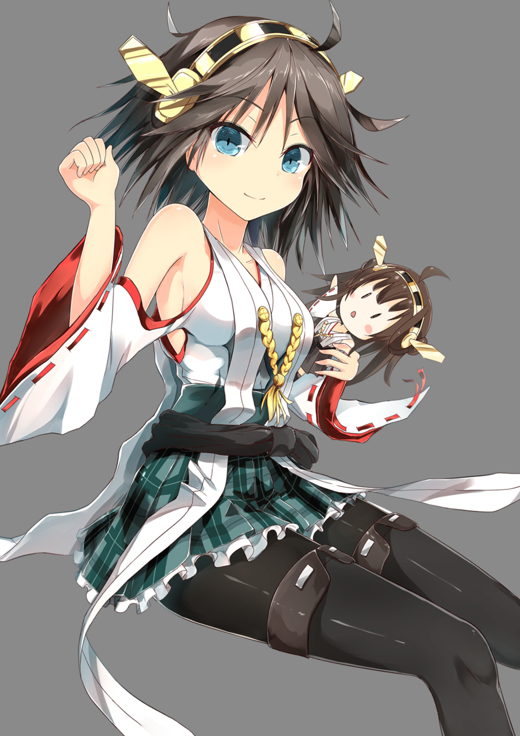 1girl black_hair blue_eyes blush_stickers brown_hair character_doll grey_background hairband headgear hiei_(kantai_collection) highres kantai_collection kongou_(kantai_collection) looking_at_viewer nontraditional_miko pantyhose short_hair simple_background skirt smile suneo wide_sleeves