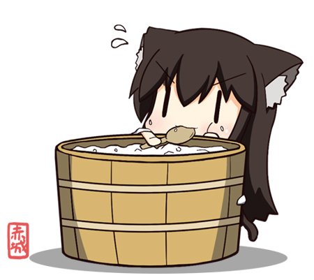 1girl :3 akagi_(kantai_collection) animal_ears brown_hair cat_ears cat_tail character_name chibi eating food food_on_face kantai_collection long_hair lowres ogarasu rice rice_on_face rice_spoon solo sweatdrop tail